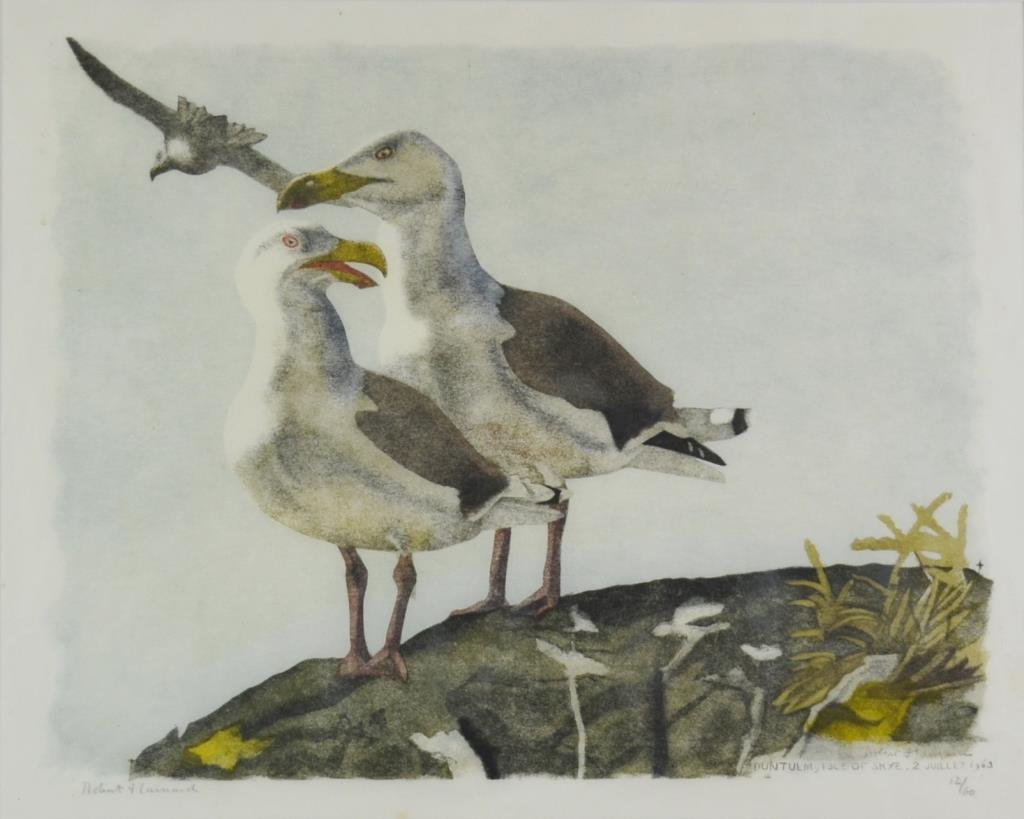 Robert Hainard (Switzerland 1906 - 1999): Herring Gulls; Isles of Sky Coloured Woodcut on Japanese Paper signed lower left and signed in plate and dated 1963 lower right. Numbered 12/60 11 x 14 in.