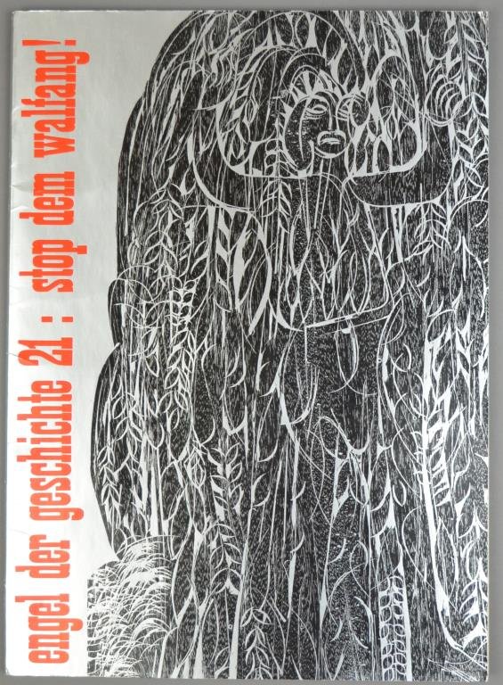 Hap Grieshaber (German 1909 - 1981): ENGEL DER GESCHICHTE 21: STOP DEM WALFANG! Woodcut (portfolio of 6 woodcuts) Image size: 17" x 12 1/4" / 43.2 cm x 31.1 cm Overall: 17" x 12 1/4" / 43.2 cm x 31.1 cm Portflio of 6 woodcuts by Grieshab