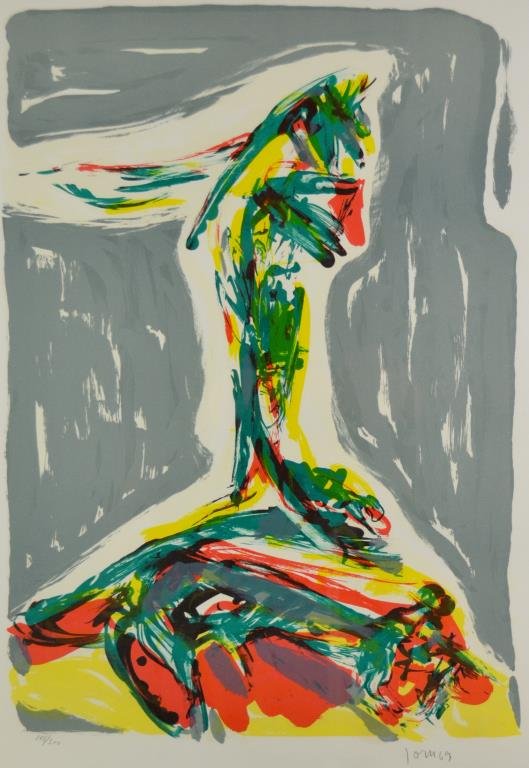 Asger Jorn (Danish 1914 - 1973): Colour serigraph, 148/300 Signed lower right Image size: 22: x 15" / 56cm x 38.1 Overall: 30 1/4" x 23 1/2" / 76.8cm x 60cm