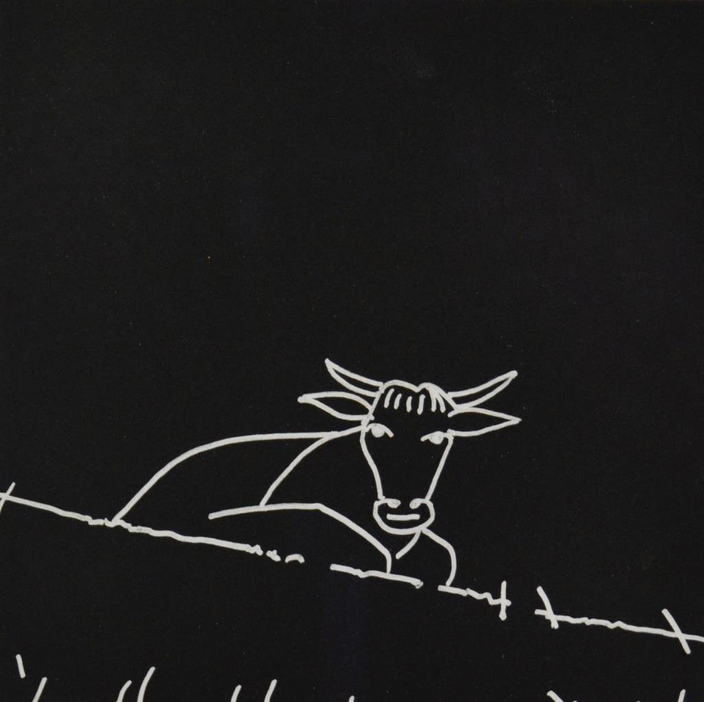 Alex Katz (American 1927 - ): UNTITLED (COW) (2004-05) Aquatint etching on paper, 17/100 Image size: 7" x 6 3/4" / 17.8cm x 17cm Overall: 13" x 13 1/4" / 33cm x 33.7cm Printed by : Doris Simmelink and Chris Sukimoto. Published by