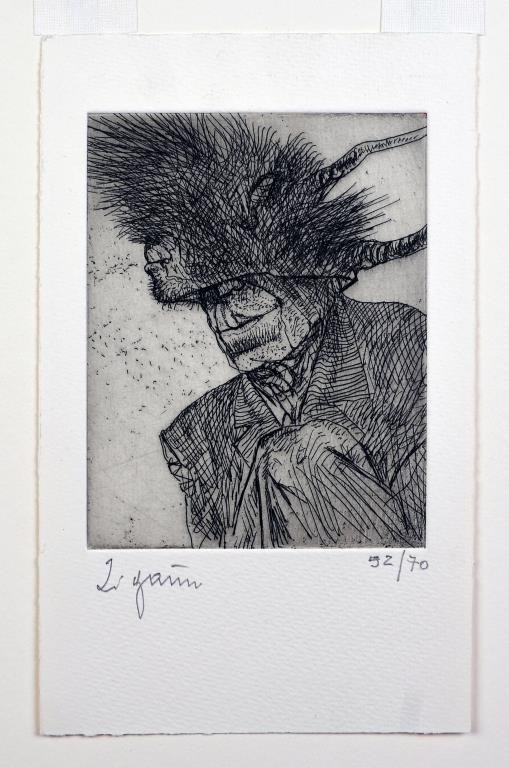 Giuseppe Zigaina (Italian 1924 - ): UNTITLED (MAN WITH LARGE, EXOTIC HAT) Drypoint 52/70 Signed lower left Image size: 5" x 3 7/8" / 12.7 cm x 9.8 cm Overall: 8" x 5" / 20.3 cm x 12.7 cm