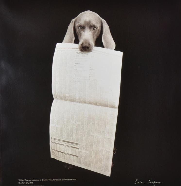 William Wegman (American 1934 - ): FRONT PORCH (2002) Offset print, limited edition signed poster Image size: 22" x 21 1/2" / 56cm x 54.6cm Overall: 23" x 22" / 58.4 cm x 55.9 cm