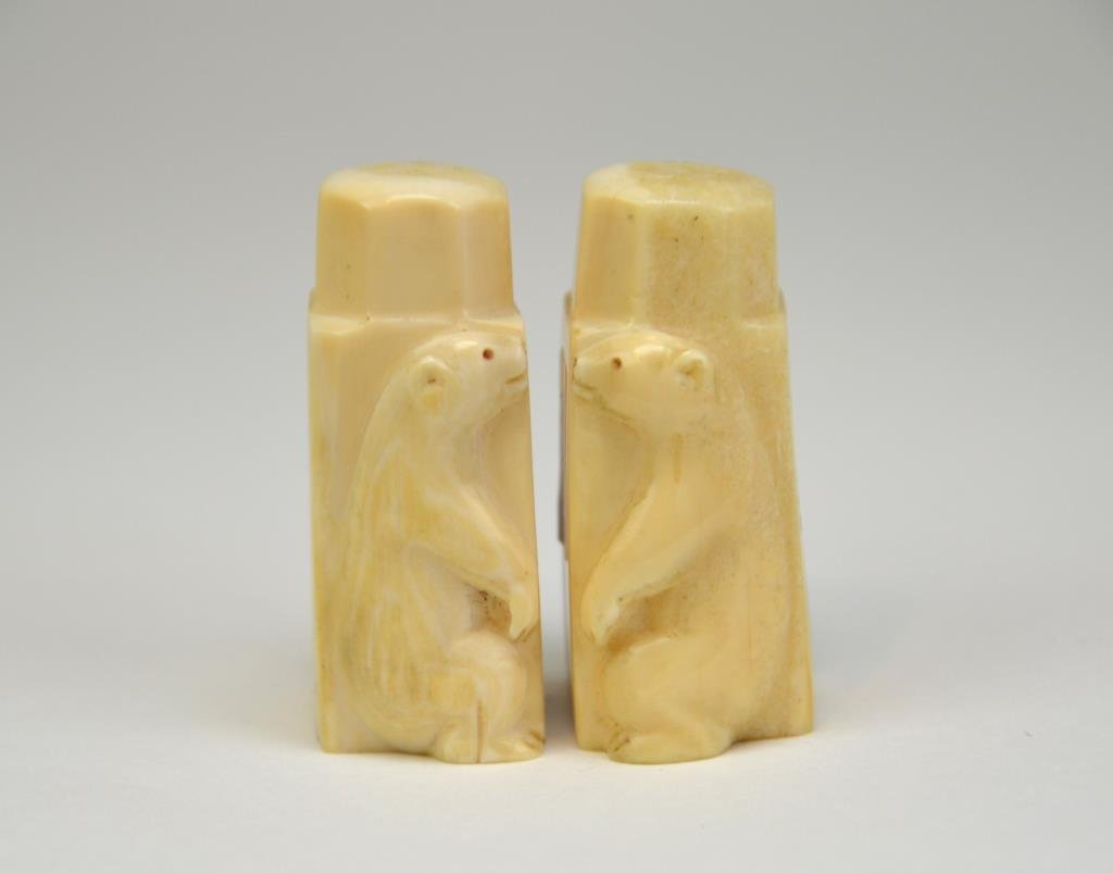 Pair of Walrus tusk Polar Bear Salt & Pepper Shakers: H 2 1/4 in.