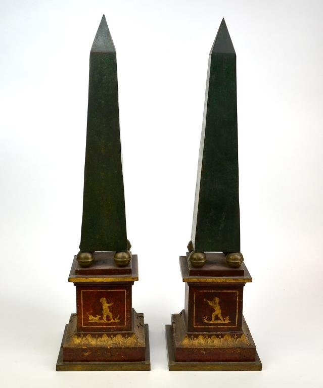 Pair of Painted Tole French Empire Obelisks: Painted in burgundy and green decoration with gilt accents. H 30 in.