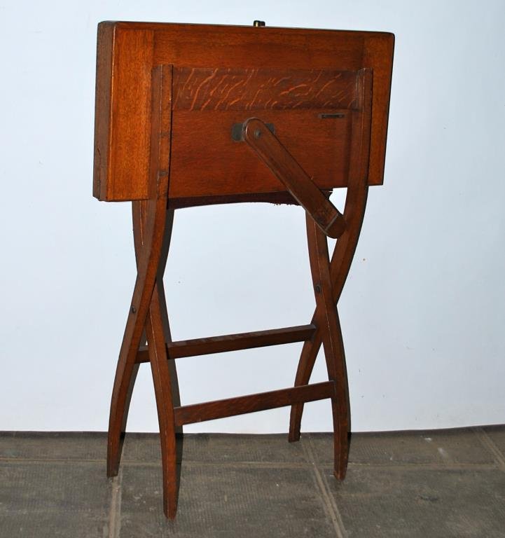 Travelling Artists Folding Desk on x-from Stand: In Oak with Fitted leather and Inkwell. Mappin and Webb makers, 19th C. #266