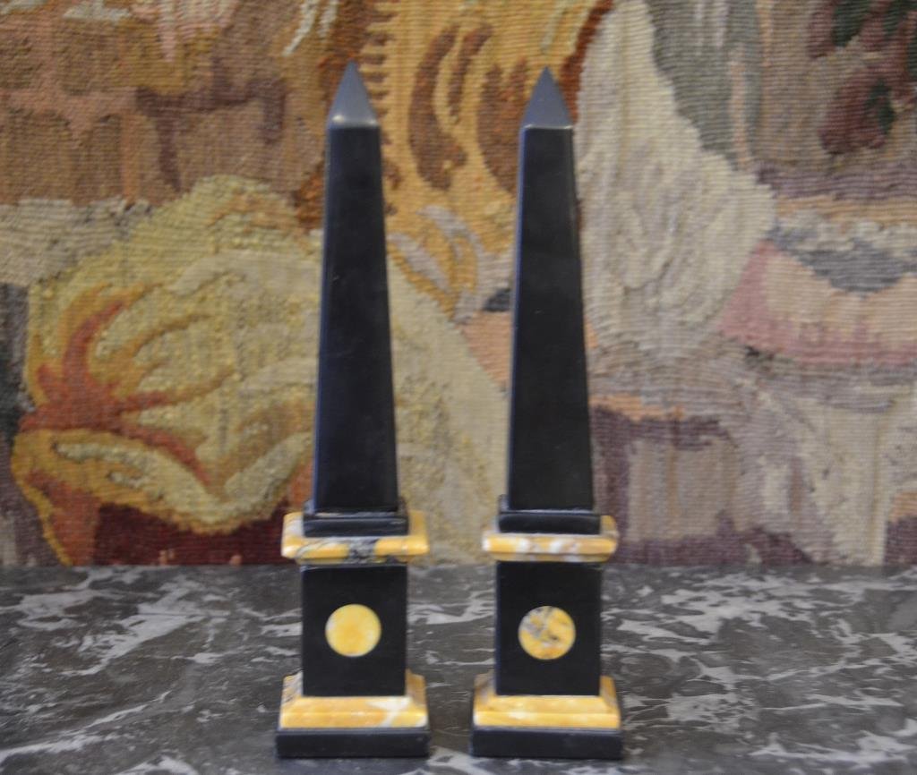 Pair of Black Marble Obelisks: With orange marble accents H 10 in.