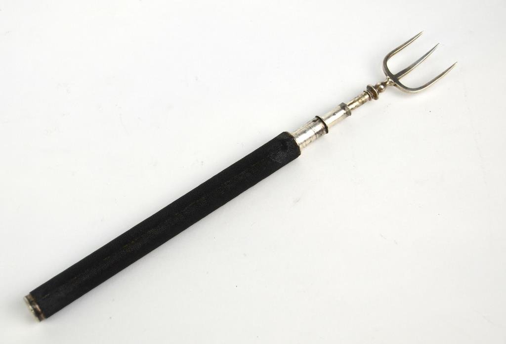 English Silver and Shagreen Toasting Fork: With telescopic handle L 23 in.