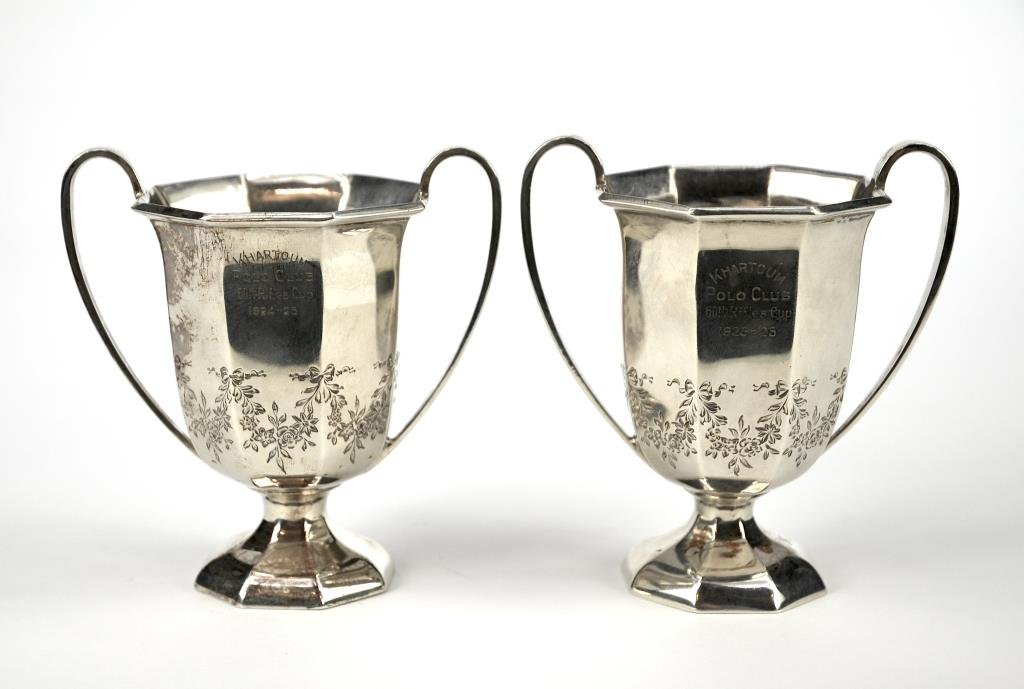 PAIR OF ENGLISH SILVER TROPHY CUPS: inscribed KHARTOUM POLO CLUB 60th Rifles Cup 1924-25 and 1925-26, Mappin & Webb, Sheffield, 1924. 239 g. H. 10 cm. (4 in.)