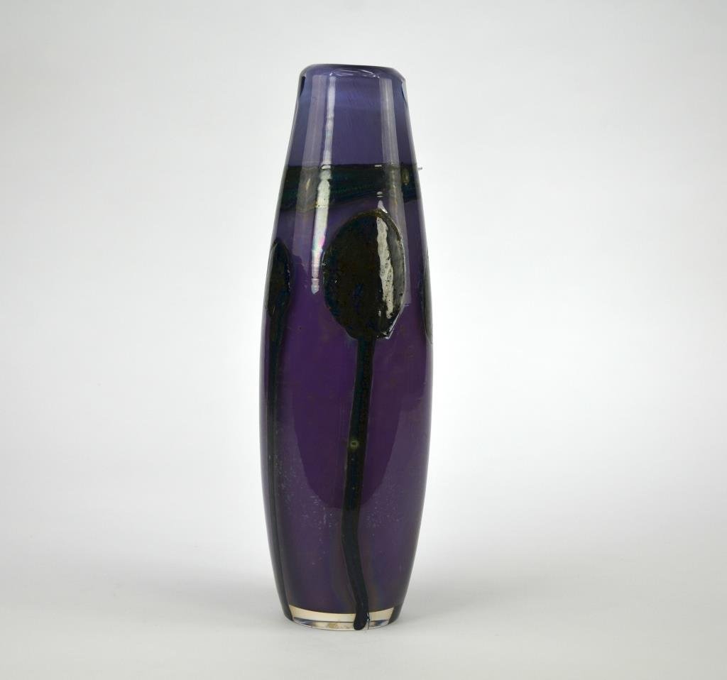 VAL SAINT LAMBERT STUDIO GLASS VASE: Cased elongated purple body with oil streaks, designed by Samuel Herman. H 35 cm. (14 3/4 in.)