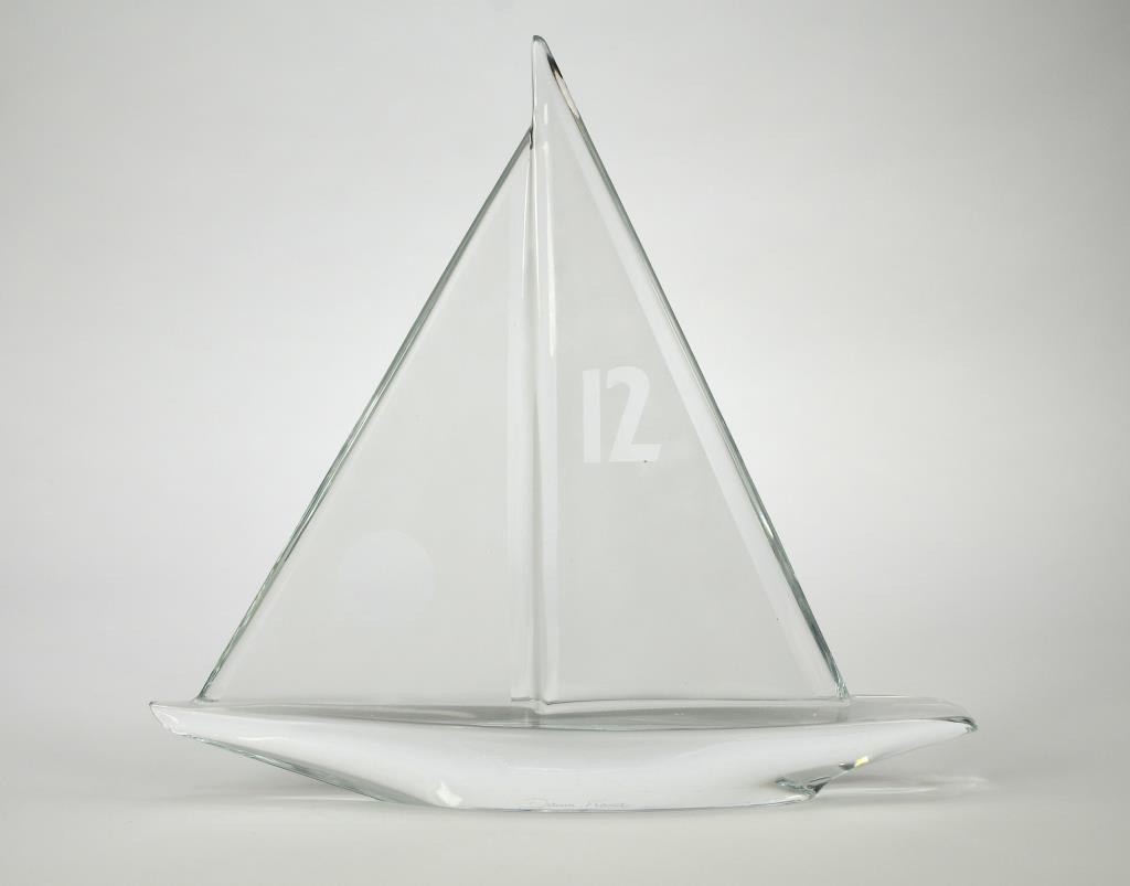 DAUM GLASS REGATE SAILBOAT: Frosted with number 12, etched signature to base. H 32 cm. (12 3/4 in.)