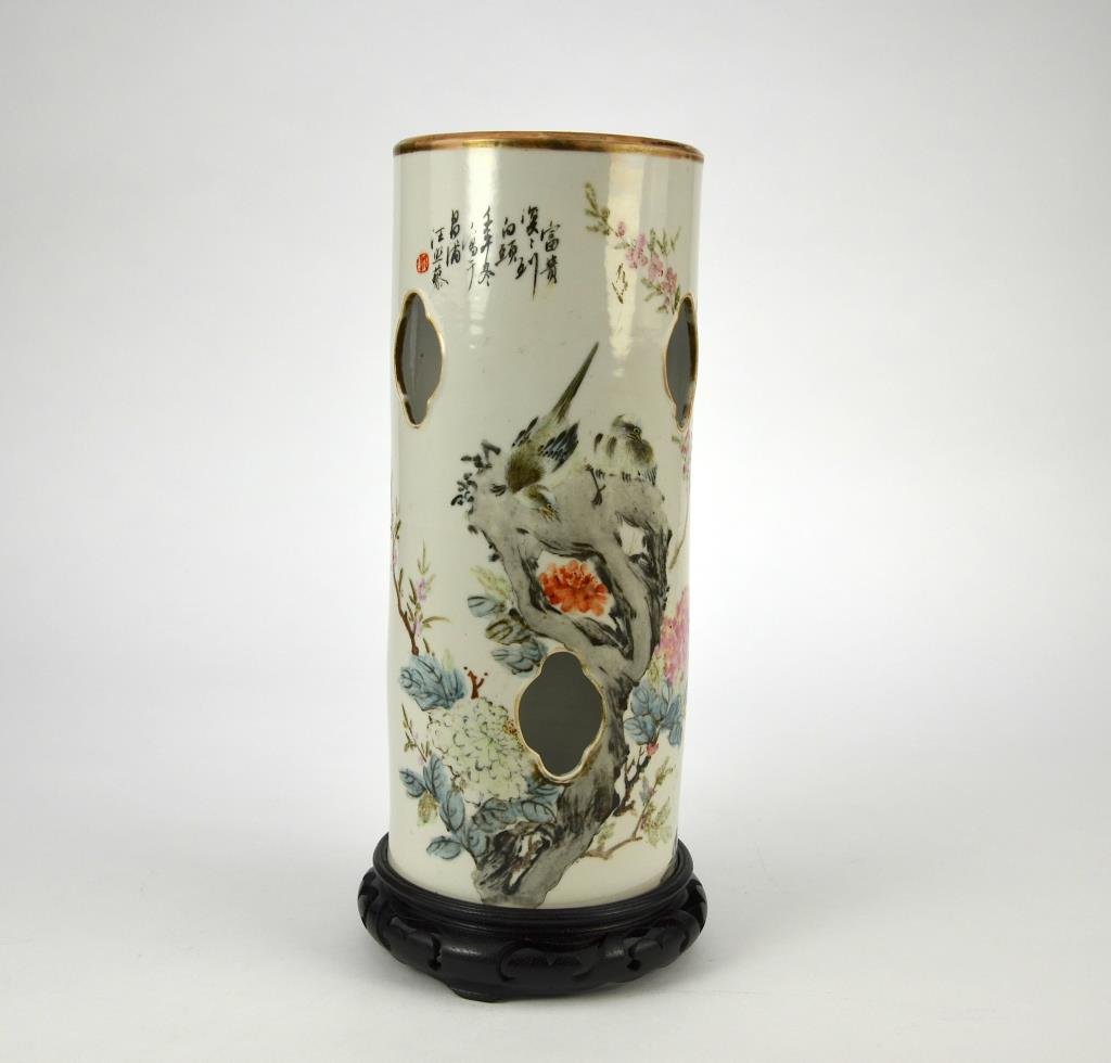19TH C. CHINESE FAMILLE ROSE PORCELAIN HAT STAND: Carved out ruyi windows with painted magpies and chrysanthemums, inscribed and signed as Wang Zhaoli and dated Renwu year (1882). Red four-character Tongzhi mark to base. H. 28.5cm (11 1/4 in.) In goo