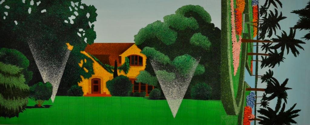 DAVID THAUBERGER R.C.A.(Canadian b. 1948): BEVERLY HILLS / TROPIC GARDEN Acrylic and glitter on masonite Signed and titled in pencil lower right, signed, titled, and dated 1987 verso Image:17 1/2" x 42" Overall: 26" x 50 1/2" Mira Godard Galle