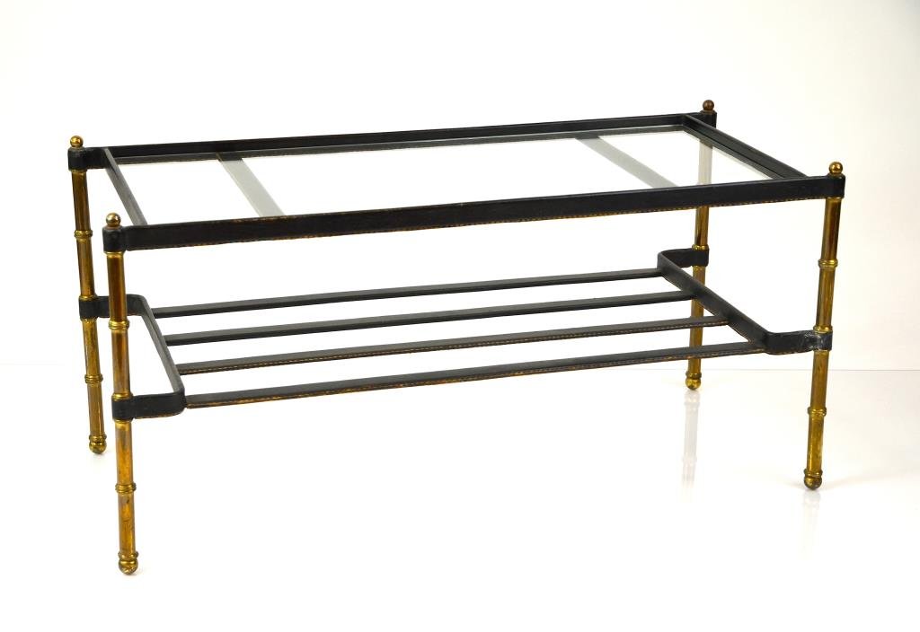 BRONZE & LEATHER JACQUES ADNET COFFEE TABLE: H. 18 in., W. 37 in.