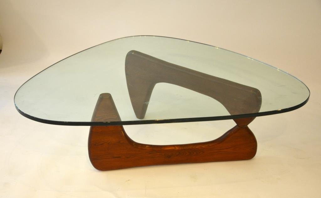 NOGUCHI GLASS AND WOOD COFFEE TABLE: W. 49 in.