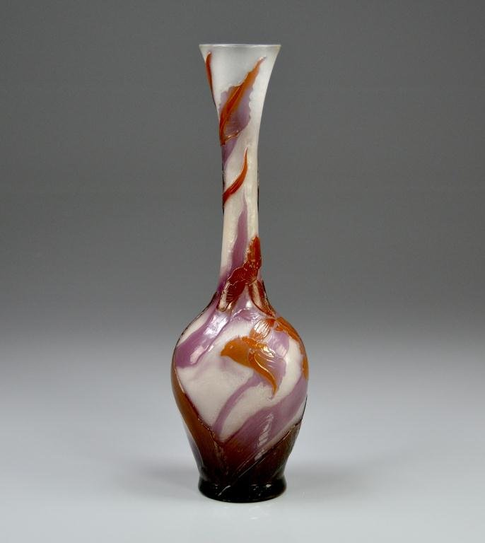 GALLE FIRE POLISHED CAMEO GLASS VASE: Frosted white ground with swirling lavender and caramel orchids. H 34 cm. (13 3/8 in.)