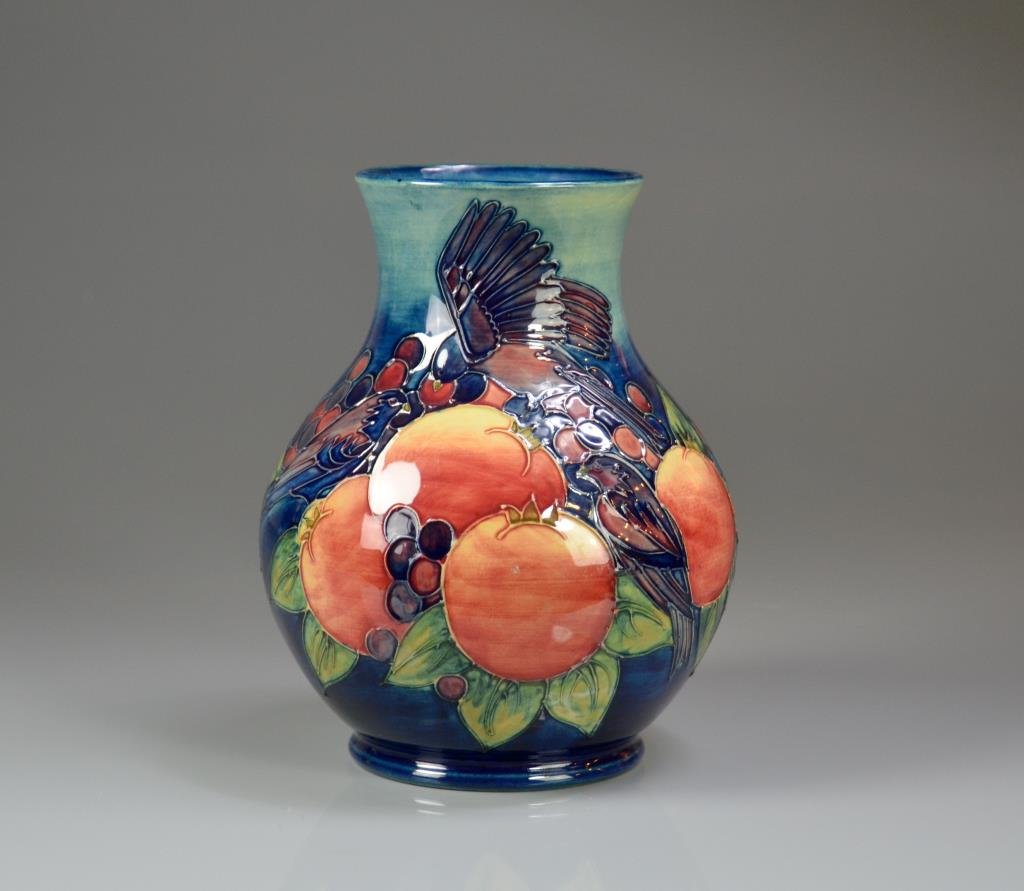 MOORCROFT FINCHES VASE DESIGNED BY SALLY TUFFIN: Impressed marks, painted WM in green, c.1988, H. 24 cm (9.5 in.)