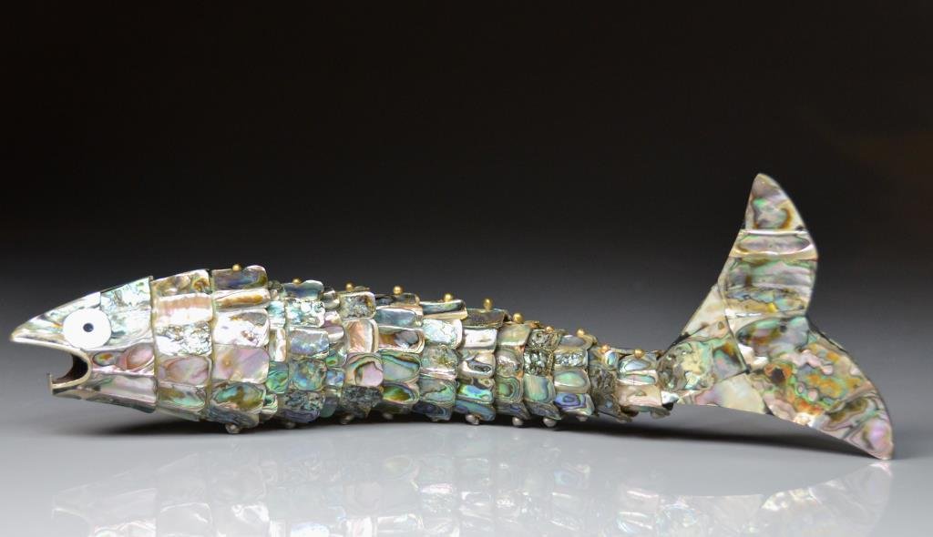 MEXICAN SILVER PLATED & ABALONE RETICULATED FISH: 36.5 cm. (14 1/2 in.)