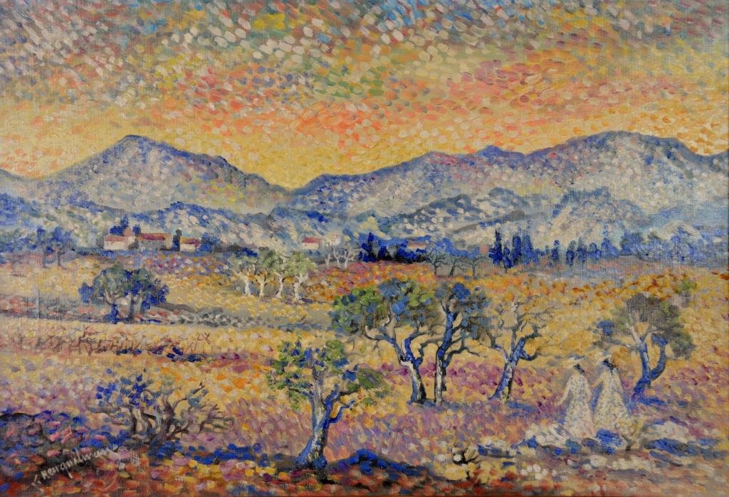 Lucien NEUQUELMAN (French 1909-1988): PRES D'AIX: DEAUX SOERES DANS LE CHAMPS DE LARANDE ("Near Aix: Two Sisters in the Fields of Larande") oil on canvas, signed lower left, titled by the artist verso, canvas size: 15" x 22" / 38.1cm x 56