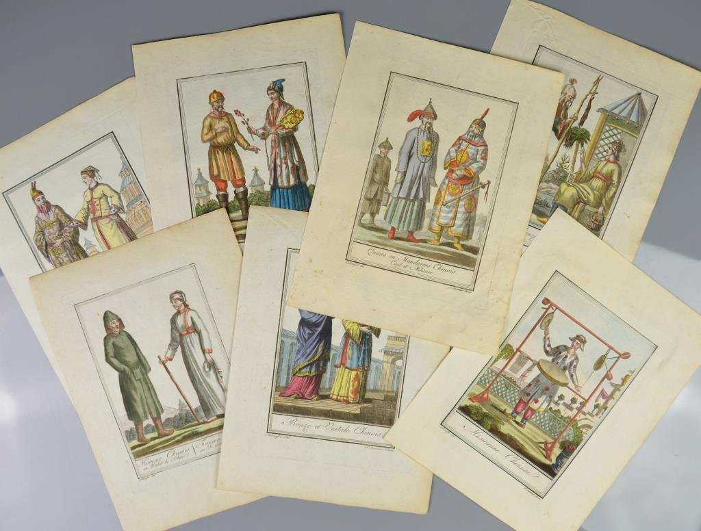 Jacques GRASSET de SAINT SAUVEUR (1757-1810): Seven French eighteenth century hand-coloured engravings of Chinese costume, plate size: 7 1/8" x 5 3/8" / 18.1cm x 13.7cm paper sizes vary slightly, all approx. 9 3/4" x 7 1/4" / 24.8cm x 18.4cm. Con