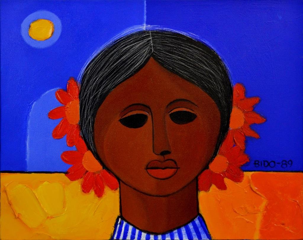 Candido BIDO (Dominican Republic 1936 - 2011): NINA de la ALDEA Acrylic on canvas Signed and dated '89 lower right Signed, dated and titled verso Canvas: 15 3/4" x 20" / 40cm x 50.8cm Overall: 17 1/2" x 20 1/2" / 44.5cm x 52.1cm