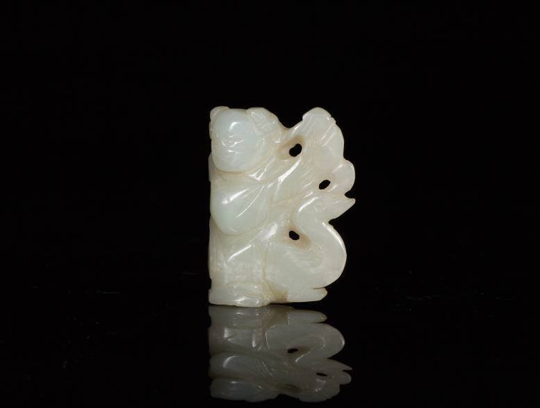 CHINESE LIGHT CELADON JADE PENDANT OF BOY AND SWAN (1 of 1)