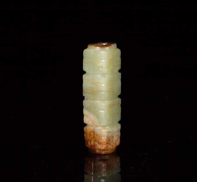 CHINESE RUSSET & CELADON JADE RITUAL CONG BEAD (1 of 9)