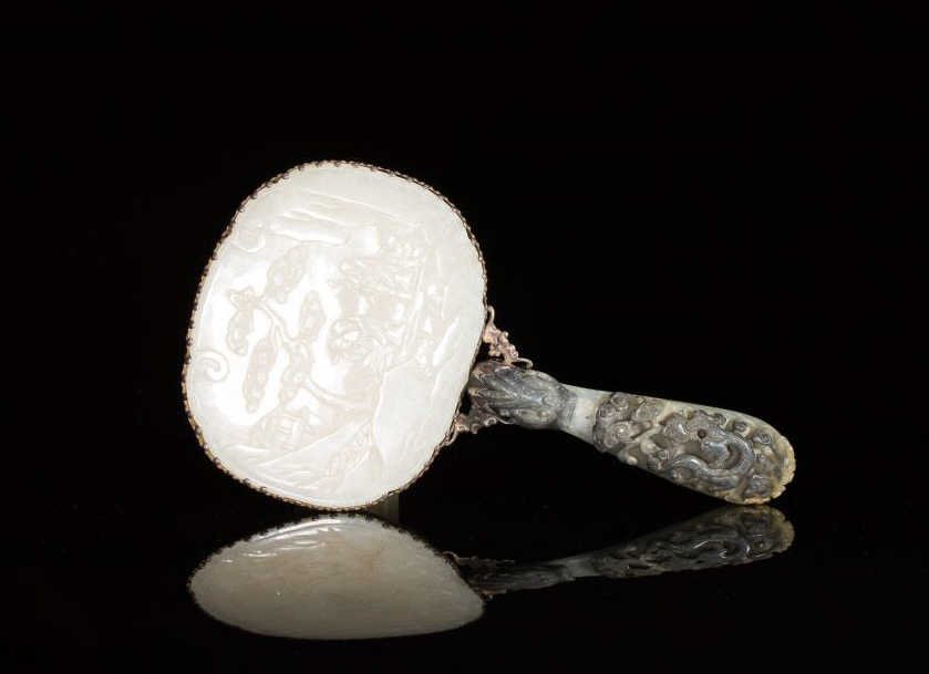 WHITE CHINESE JADE MOUNTED SILVER HAND MIRROR (1 of 10)