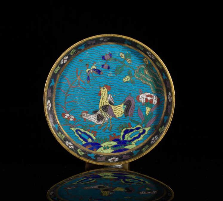 18TH C CHINESE COCKEREL CLOISONNE SAUCER DISH (1 of 1)