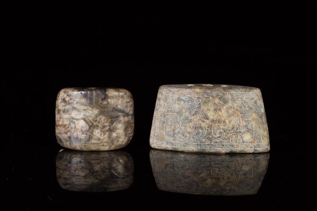 TWO EARLY CHINESE JADE SWORD CHAPE FITTINGS (1 of 1)