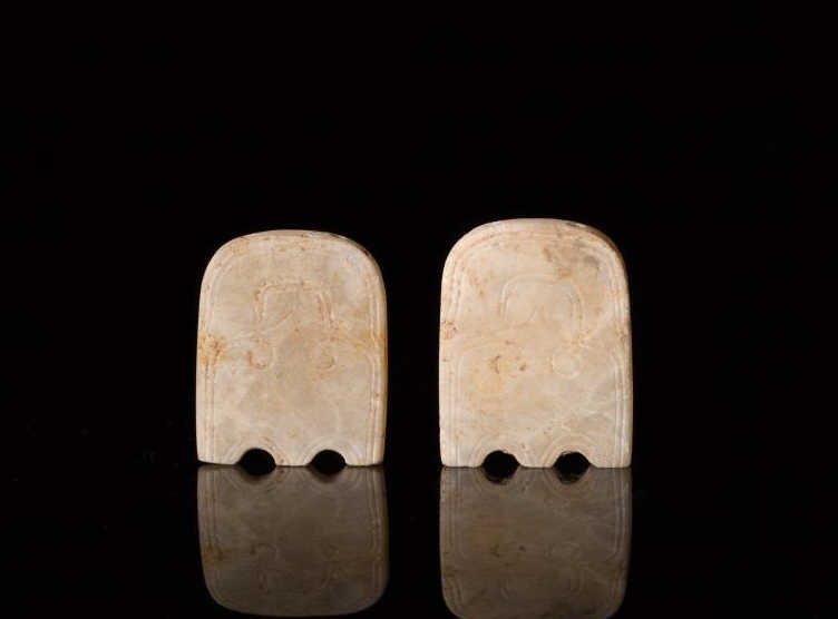 TWO CHINESE JADE SHIELD SHAPED PLAQUES (1 of 10)