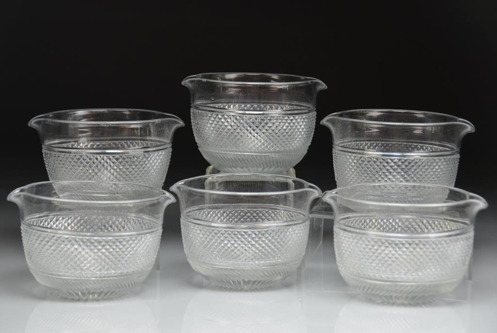 SIX REGENCY ANGLO IRISH CUT GLASS WINE RINSERS: With diamond cutting and lemon squeeze bases. L 14.5 cm. (5 3/4 in.)