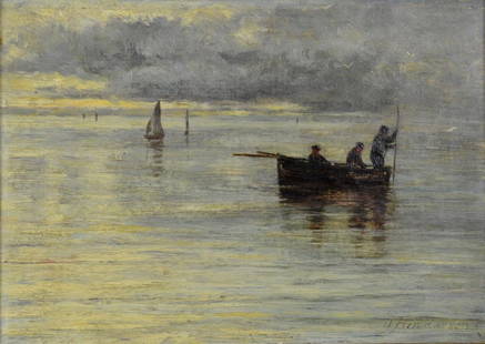 John HENDERSON (Scottish 1860 -1924): UNTITLED: fishermen and an approaching storm, oil on canvas, signed lower right. Canvas ize: 10" x 14" / 25.4cm x 35.6cm. Framed: 18 1/4" x 22 1/4" / 46.4cm x 56.5cm.