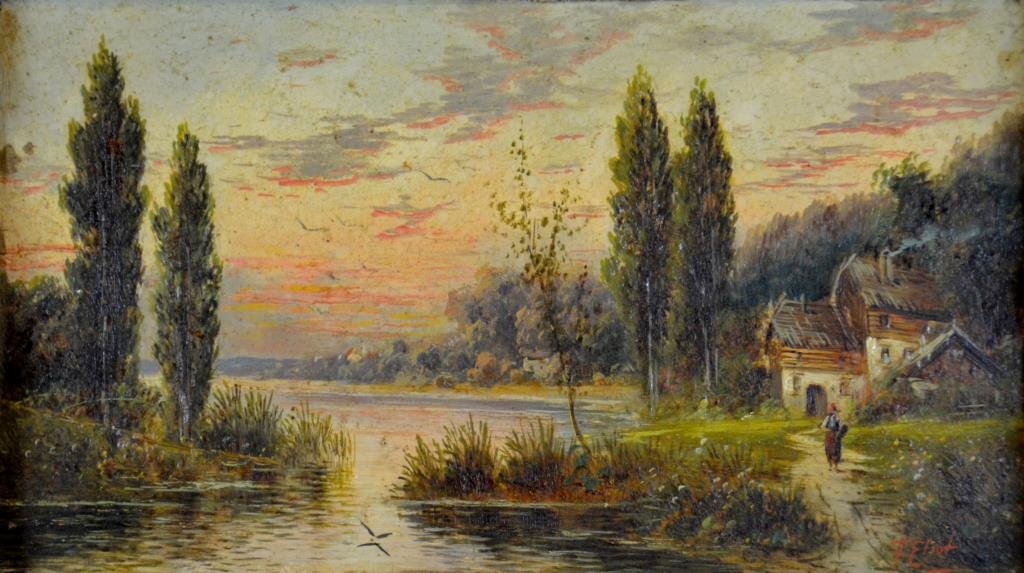 F. ELIOT (Danish, 19th/20thC.): UNTITLED: Sunset on a lake, oil on panel, signed lower right. Panel size: 7" x 12 1/2" / 17.8cm x 31.8cm. Framed: 15" x 20 1/4" / 38.1cm x 51.4cm.