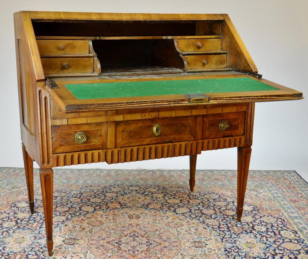 NORTHERN EUROPEAN SLANT FRONT DESK: walnut with fitted interior, and two drawers. W. 38.5" x D. 20" x H. 38.5"