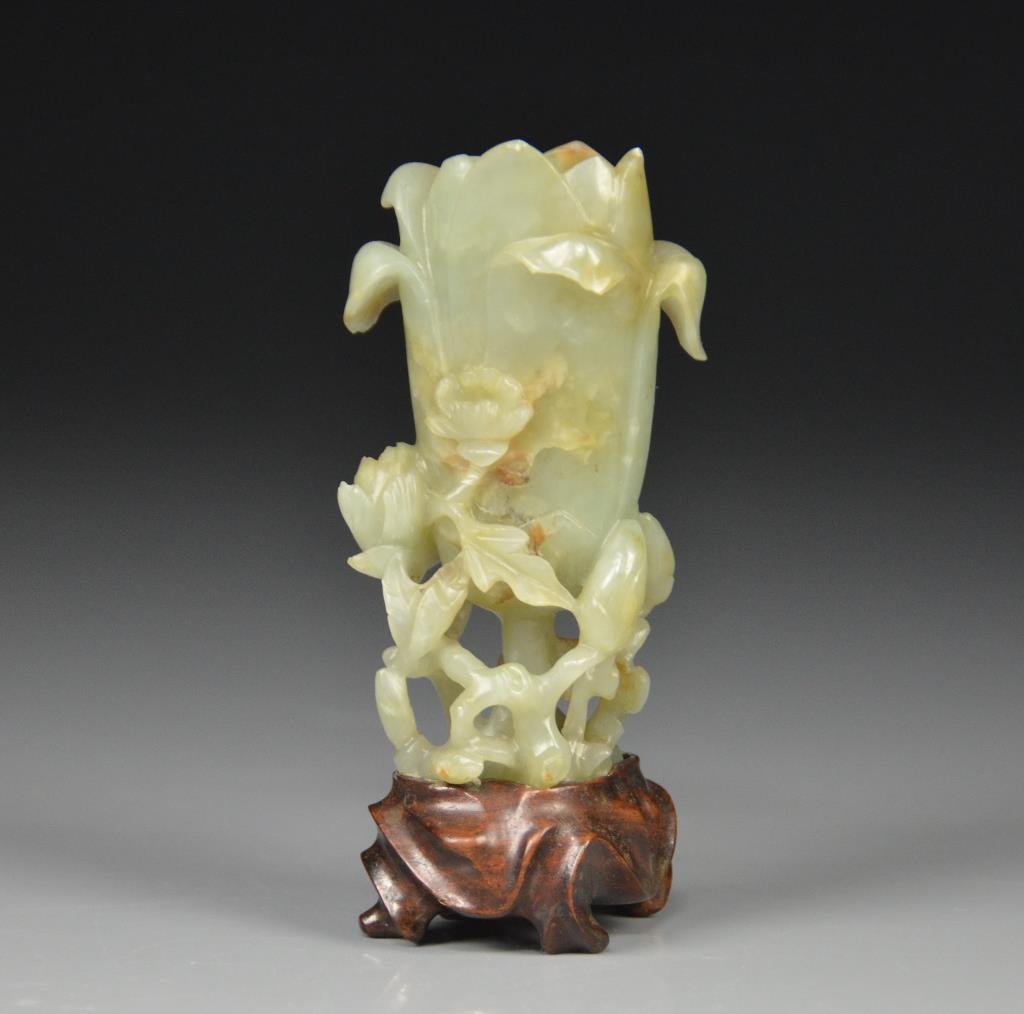 Chinese Carved Celadon Jade Peony Vase (1 of 10)