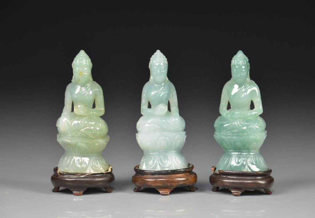 Three Chinese Carved Green Jadeite Buddhas (1 of 10)