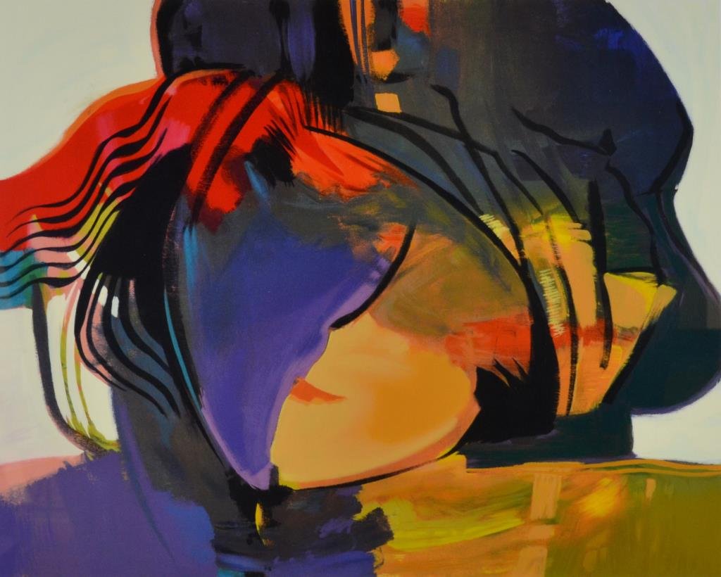 Hessam ABRISHAMI (Iranian, b.1951): UNTITLED, abstracted face serigraph, 394/395, signed in pencil lower right. Plate size: 24" x 30"/ 61cm x 76.2cm. Framed: 37" x 42 3/4" x 37" / 94cm x 108.6cm.