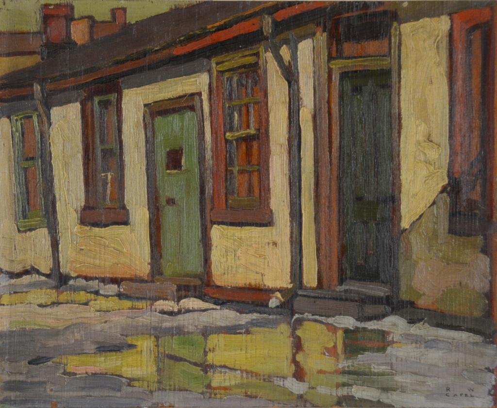 R.W. CAPEL (Canadian 20thC.): UNTITLED: Cottage on a wet street, oil on panel, signed lower right. Unframed, panel size: 9 5/8" x 11 3/4" / 24.5c x 29.9cm. Capel was an artist and Art Director at Rapid,