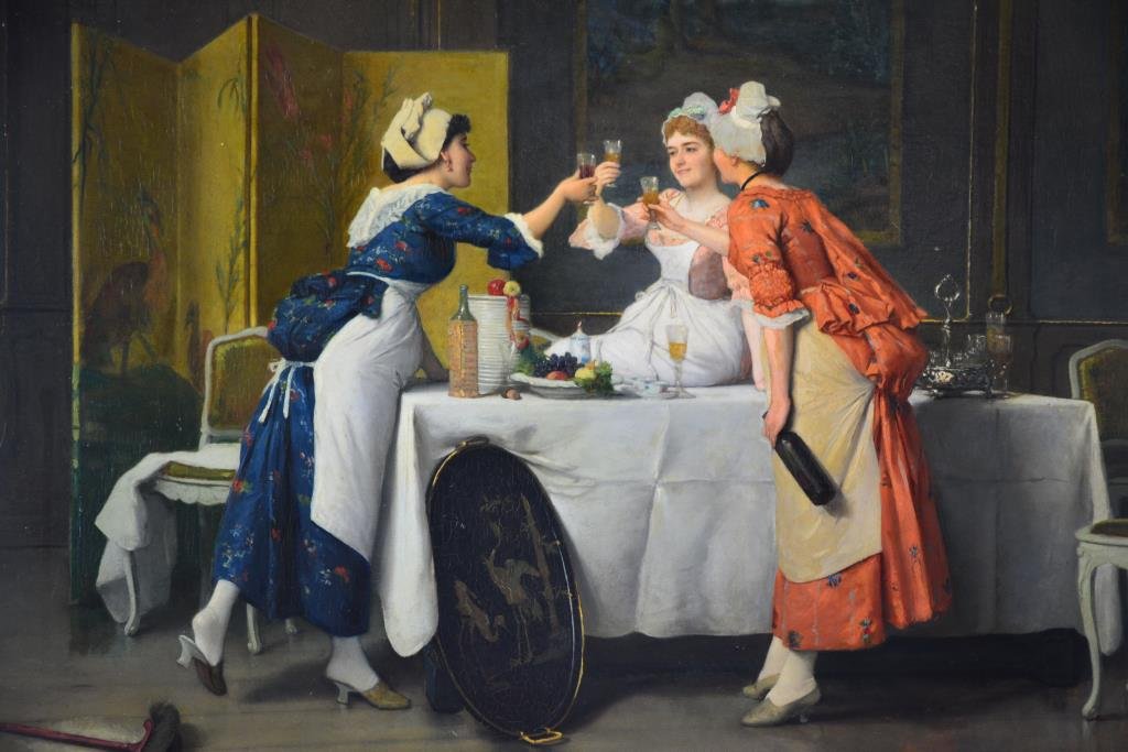 Auguste SERRURE (Belgian 1825-1903): UNTITLED: Cooks drinking wine, oil painting on panel, signed lower left, Panel size: 17 3/4" x 25 1/2" / 45.1cm x 64.8cm Framed: 24 1/2' x 32 3/4" / 62cm x 83cmLuc de Bakker Fine Arts letter of authen