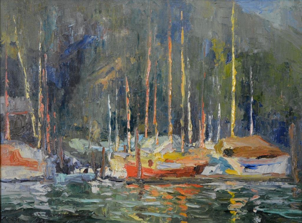 Orest Nicholas deGRANDMAISON (Canadian, 1932-1985): FISHERMAN'S COVE IMPRESSIONS, oil painting on canvas board, signed lower left. Panel size: 12" x 16" / 30.5 cm x 40.5 cm. Framed: 17 3/4" x 21 3/4" / 45 cm x 55 cm.