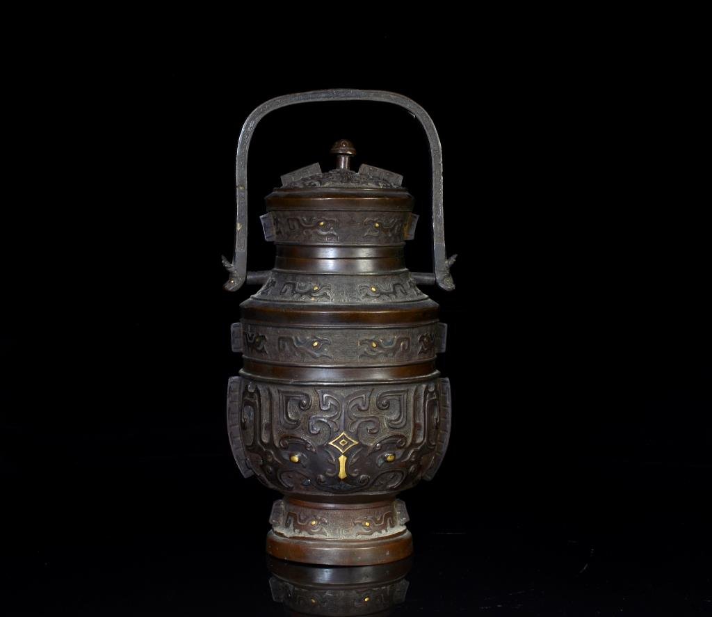 CHINESE 19TH C GOLD INLAID BRONZE RITUAL VESSEL (1 of 10)