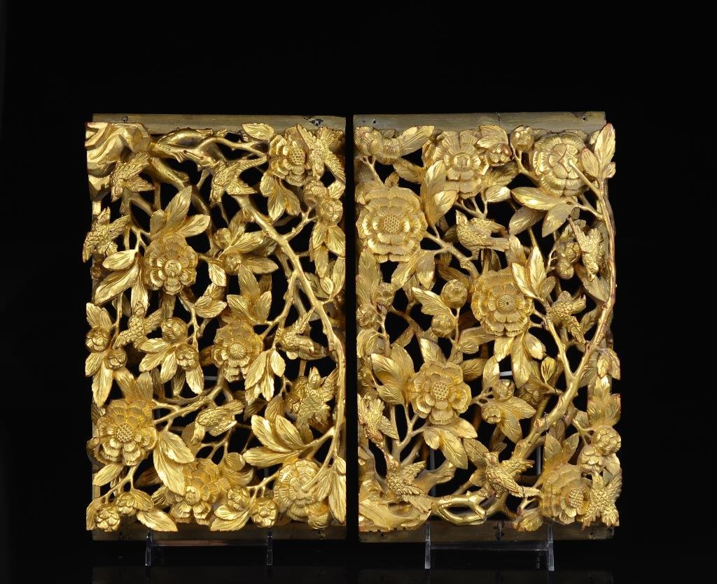 PAIR OF CHINESE CARVED GILT LACQUER WOOD PANELS (1 of 1)