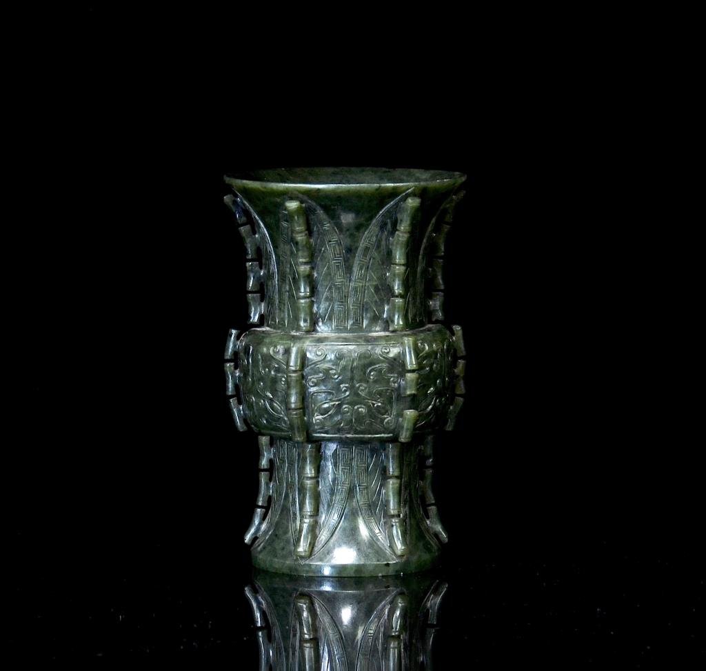 CHINESE SPINACH GREEN JADE CYLINDRICAL VASE, GU (1 of 10)