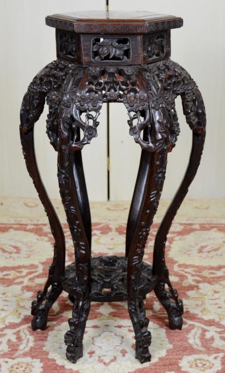 CHINESE HARDWOOD AND MARBLE PLANT STAND (1 of 3)