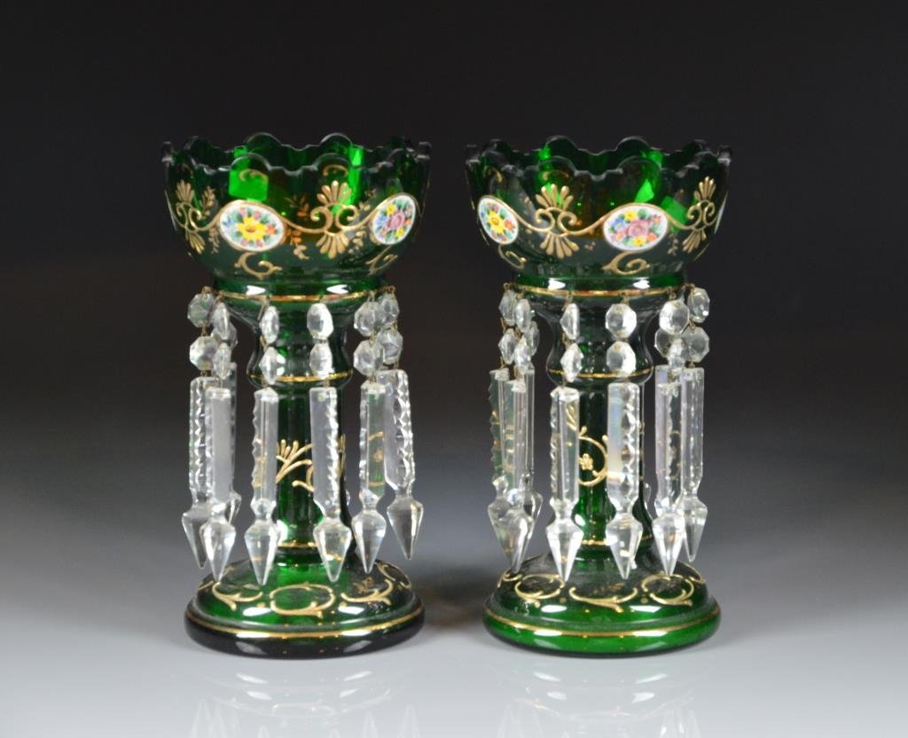 PAIR OF BOHEMIAN GREEN GLASS LUSTRES: Pair of chalice-form lustres each with painted florals and gilt detailing and enameled foliate decoration and prism drops. H: 25.5cm (10 in.)