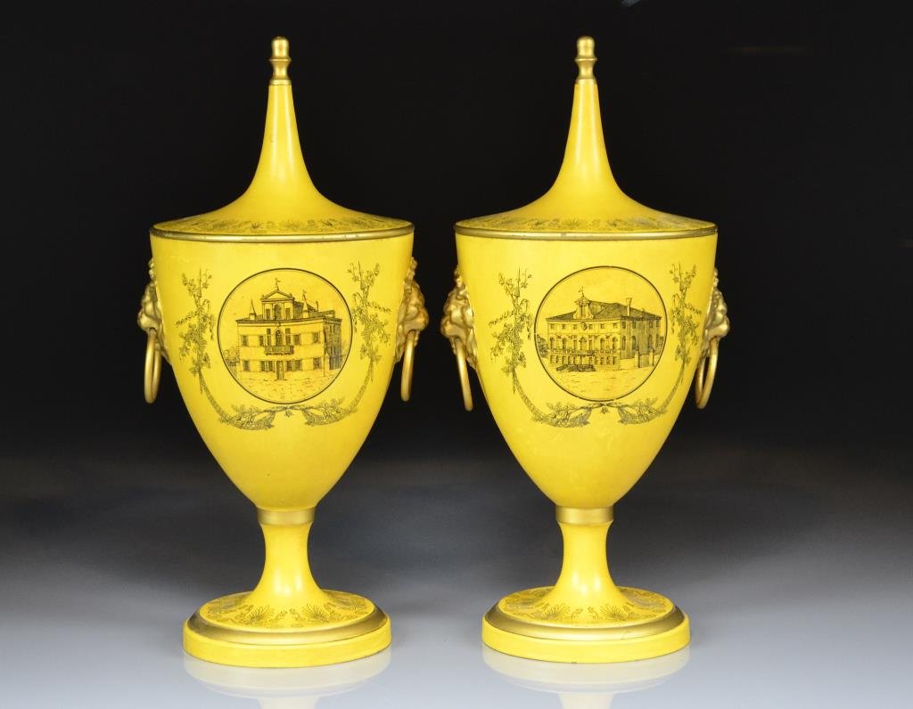 PAIR OF MOTTAHEDEH COVERED METAL URNS (1 of 2)