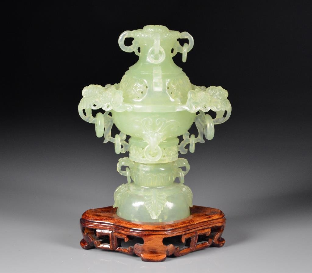 CHINESE CARVED CELADON JADE COVERED CENSER (1 of 3)