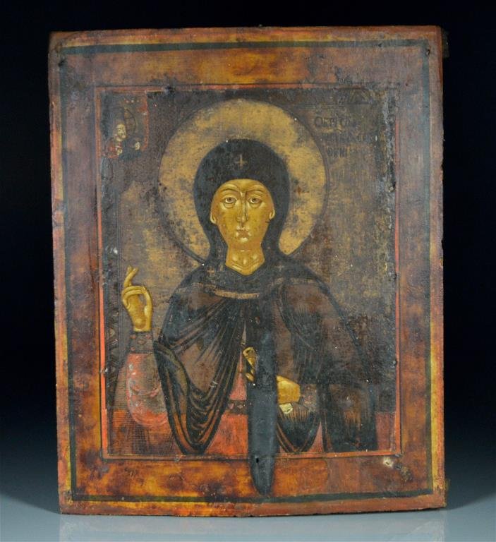 RUSSIAN ICON OF SAINT PARASKEVA: Egg tempera on wood panel of a female saint holding a scroll, 19th C or earlier. 30 x 36.5 cm. (11 3/4 x 14 1/2 in.)