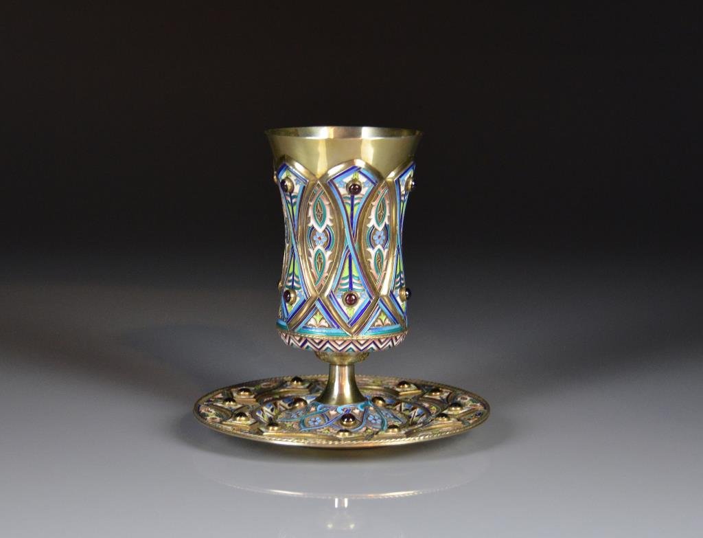 AN IMPERIAL RUSSIAN SILVER & ENAMELLED CHALICE & SAUCER (1 of 9)
