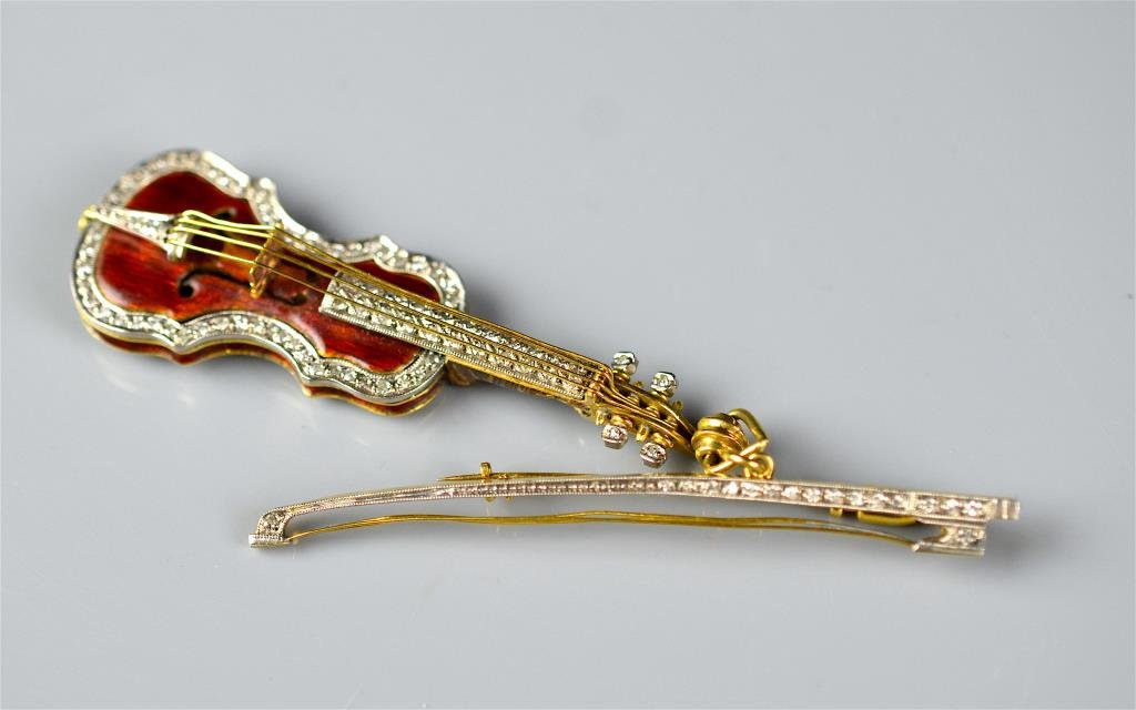 YELLOW GOLD, PLATINUM & ENAMEL VIOLIN BROOCH (1 of 6)